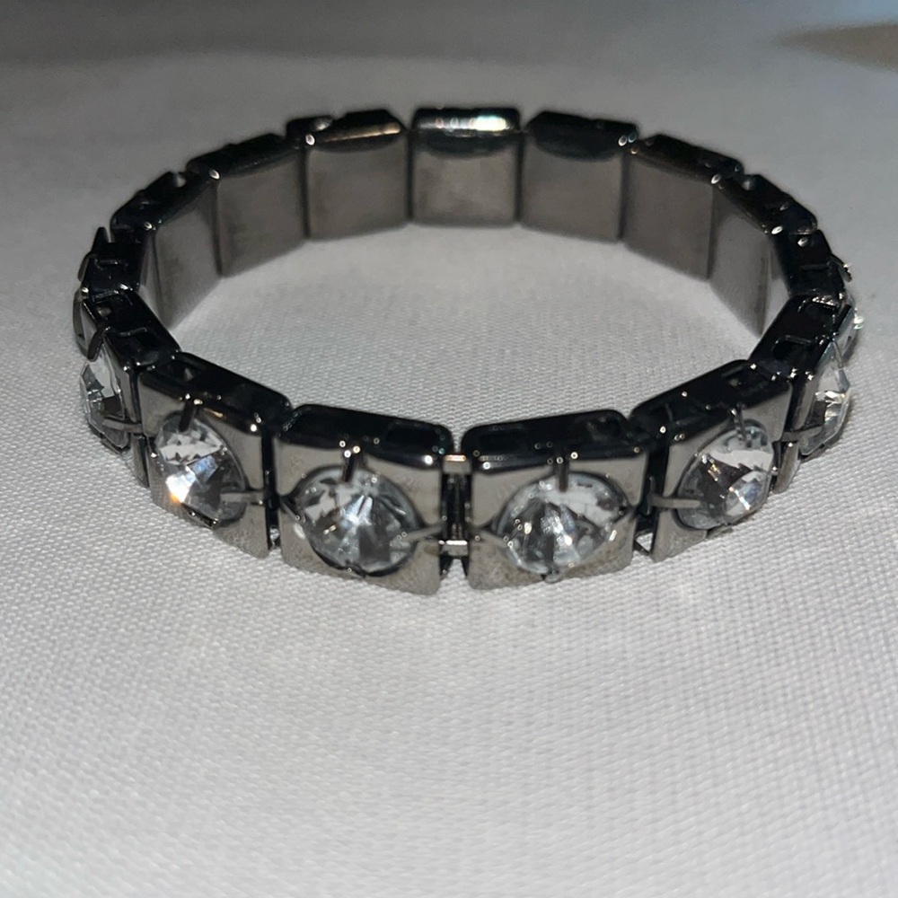 Vintage Rhinestone Bangle Bracelet Gray Gunmetal.